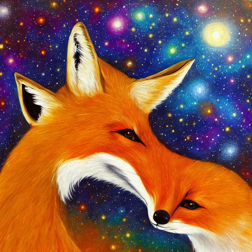 Image similar to a centred painting of a fox looking up at the colourful galaxy in the style of Starry Night, highly detailed, trending on artstation