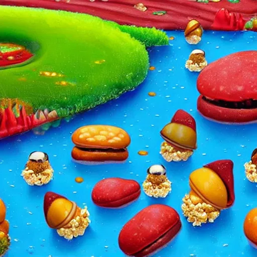 Image similar to a surrealist painting of a world made out of food with popcorn rain and chocolate ponds, in the style of pixar, animation