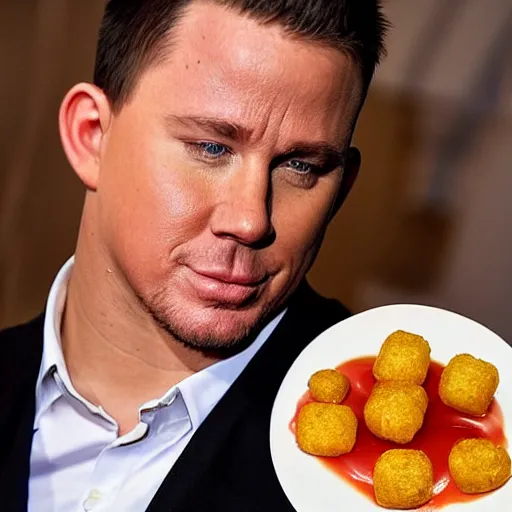 Image similar to channing tatum's face as tater tot on a plate with ketchup, face made from tater tot