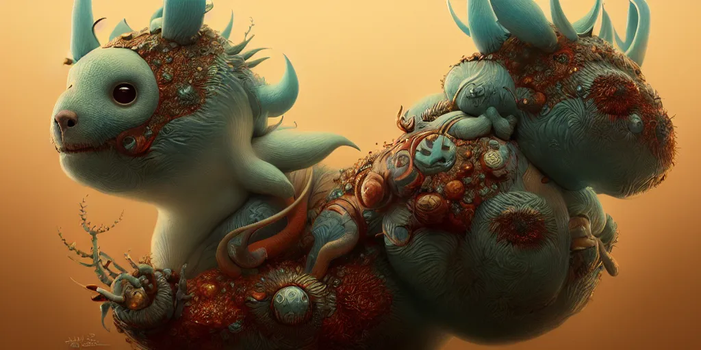 Prompt: a cute strange animal by miyazaki, karol bak, james jean, tom bagshaw, sharp focus, trending on artstation, cinematic lighting, hyper realism, octane render, 8 k, hyper detailed, vivid, ultra detailed, highly detailed, zbrush