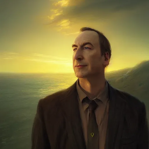 Image similar to portrait of bob odenkirk, sunset, gorgeous view, depth, painted by seb mckinnon, high detail, digital art, painted by greg rutkowski, trending on artstation