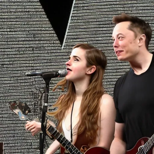 Image similar to elon musk & emma watson performing at woodstock