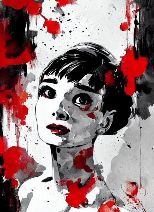 Prompt: highly detailed portrait of audrey hepburn, by Dustin Nguyen, Akihiko Yoshida, Greg Tocchini, Greg Rutkowski, Cliff Chiang, 4k resolution, nier:automata inspired, bravely default inspired, vibrant but dreary red, black and white color scheme!!!