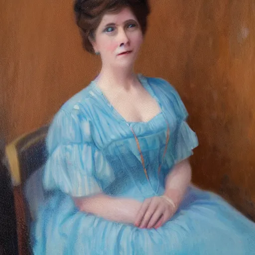 Image similar to portrait painting of a lady in a light blue dress 1 9 0 0 s entire face shown in great detail, looking at the camera, garden, photorealistic, extreme detail, sharp focus, 8 k, intricate, hyper detailed, realistic, cinematic lighting