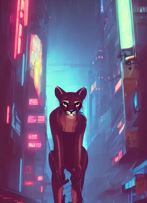 Prompt: beautiful portrait commission of a female furry anthro mountain lion wearing casual clothes. Cyberpunk city at night in the rain. Neon light. Atmospheric. Character design by charlie bowater, ross tran, artgerm, and makoto shinkai, detailed, inked, western comic book art