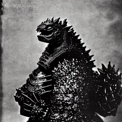 Prompt: “Godzilla in full samurai armour, 1900’s photo”