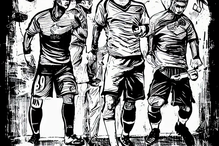 Image similar to cristiano ronaldo playing football, a page from cyberpunk 2 0 2 0, style of paolo parente, style of mike jackson, adam smasher, johnny silverhand, 1 9 9 0 s comic book style, white background, ink drawing, black and white