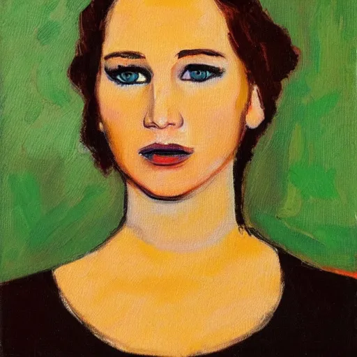 Image similar to Jennifer Lawrence. Oil on canvas portrait by Alex Jawlensky.