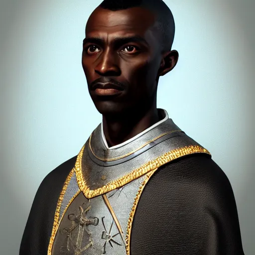 Image similar to A Crusader Kings II portrait of an African man with high cheekbones. Good bone structure. Dressed in 1940s style. Highly detailed, fine Art, high detail, great lighting, 8k resolution, masterpiece, concept art, illustration, clear eyes, painting oil on canvas, octane render, HDR, trending on artstation, 4k, 8k, HD