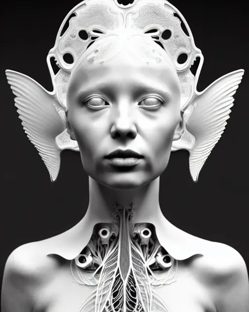 Image similar to bw 3 d render, stunning beautiful little girl angelic cute biomechanical albino female cyborg with a porcelain profile face, rim light, big leaves and stems, roots, fine foliage lace, alexander mcqueen, art nouveau fashion embroidered collar, steampunk, silver filigree details, hexagonal mesh wire, mandelbrot fractal, elegant, artstation trending