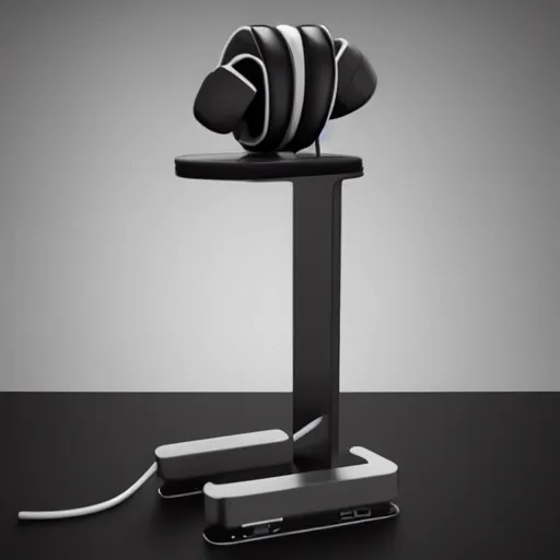 Prompt: wireless headphone stand machine, futuristic, techno, cyberpunk, product design, render, concept, fun, swag