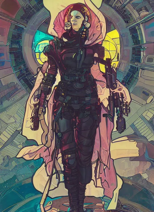 Prompt: cyberpunk pop star. portrait by ashley wood and alphonse mucha and laurie greasley and josan gonzalez and james gurney. spliner cell, apex legends, rb 6 s, hl 2, d & d, cyberpunk 2 0 7 7. realistic face. vivid color. dystopian setting.