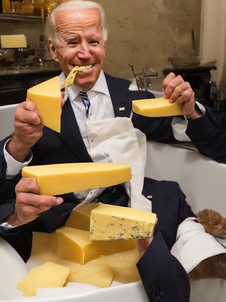 Image similar to Joe Biden eating cheese in a bathtub