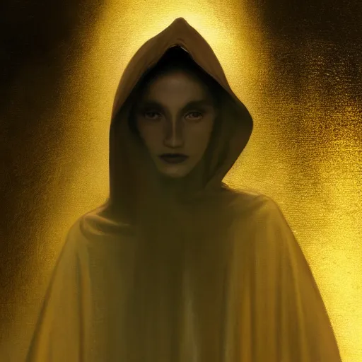 Image similar to a portrait of a young woman wearing a long dark cloak, hood and shadows covering face, holding golden chains, oil painting, matte painting, black background, Volumetric Golden dappled dynamic lighting, Highly Detailed, Cinematic Lighting, Unreal Engine, 8k, HD, by Beksinski