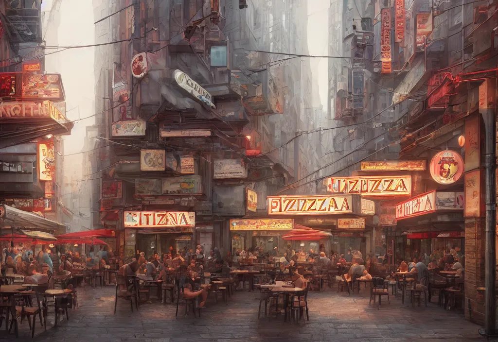 Image similar to A highly detailed matte painting of an Italian pizzeria in new york, streetscene, by Studio Ghibli, Makoto Shinkai, by Artgerm, by WLOP, by Greg Rutkowski, volumetric lighting, cyberpunk, octane render, 4K resolution, trending on artstation, masterpiece