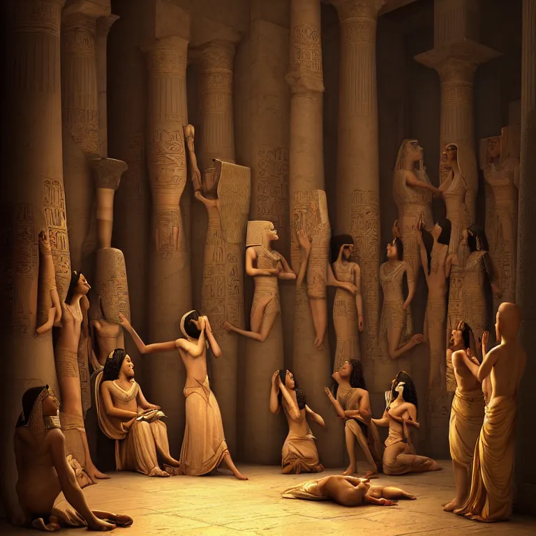 Prompt: ancient egyptians worshiping the pharaoh, dream-like atmosphere, symmetrical baroque painting, perfect composition, beautiful detailed intricate insanely detailed octane render trending on Artstation, 8K artistic photography, photorealistic, soft natural volumetric cinematic perfect light, chiaroscuro, award-winning photograph, masterpiece, Raphael, Caravaggio, Greg Rutkowski, Beeple