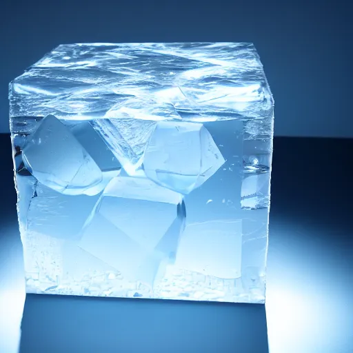 Prompt: Macro Shot of a big Clear Ice block with light reflecting and bouncing inside, hyperrealistic rendering, subsurface scattering, raytracing, pathtracing, illumination, magical lighting