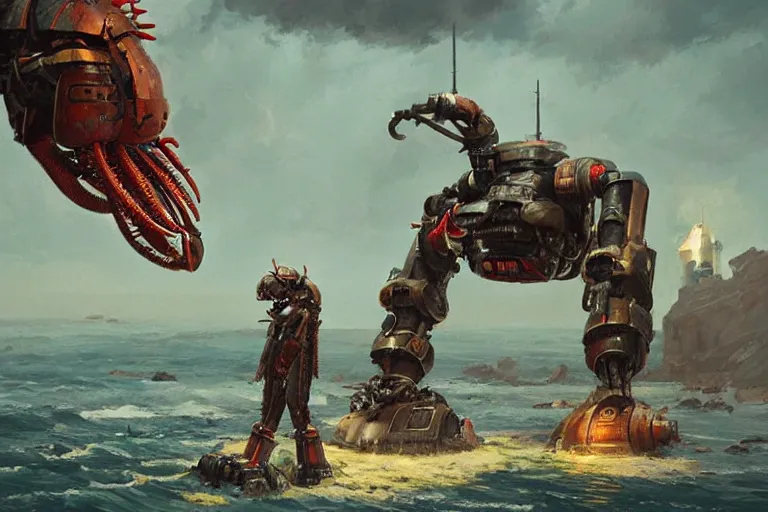 Prompt: very detailed vintage science - fiction giant robot lobster, beautiful painting, david roberts, greg rutkowski, james gurney, artstation.