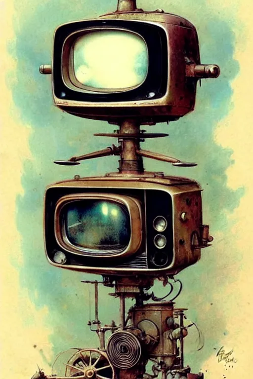 Prompt: (((((1950s steam powered TV . muted colors.))))) by Jean-Baptiste Monge !!!!!!!!!!!!!!!!!!!!!!!!!!!