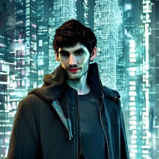 Image similar to Colin Morgan as Cyberpunk Merlin