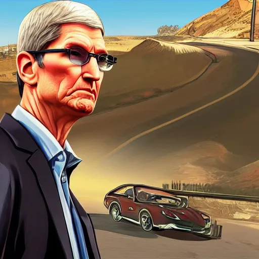 Prompt: tim cook in gta v, cover art by stephen bliss, boxart, loadscreen