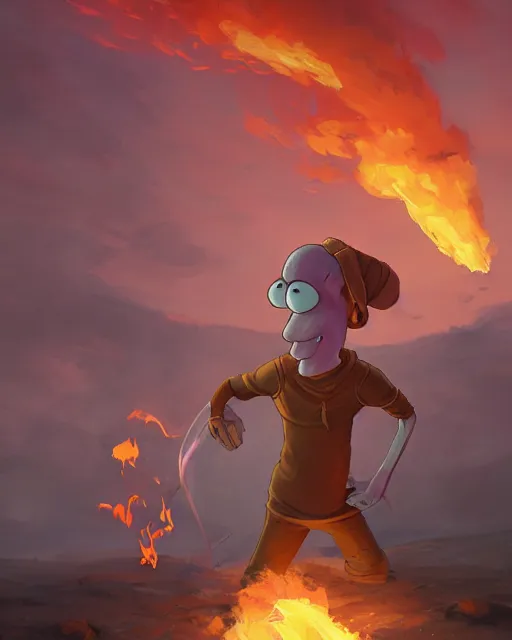 Image similar to wide shot, detailed photorealistic cartoony face, squidward, wearing fire nation clothing and practicing firebending outside at susnset, [ greg rutkowski ]