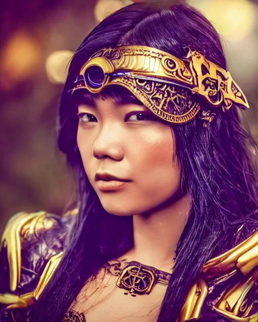 Image similar to a beautiful close up photo of a Filipina female with long hair and purple eyes, no helmet, wearing leather and gold futuristic steampunk armor, with ornate rune carvings and glowing lining, very detailed, shot in canon 50mm f/1.2