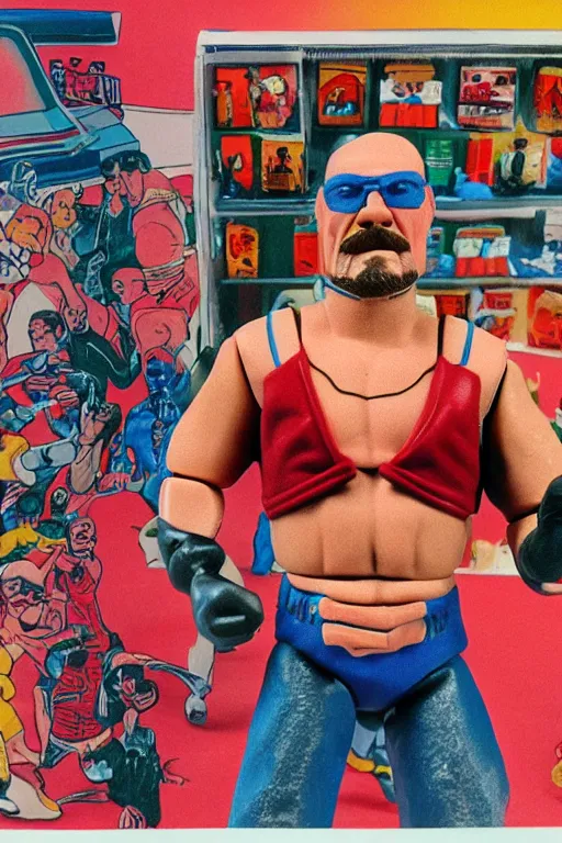 Image similar to detailed illustration, walter white as a 1 9 8 0 s wrestling action figure