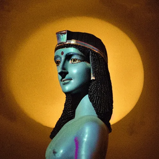 Image similar to photograph of Cleopatra on the rain, night, smoke, shadows,