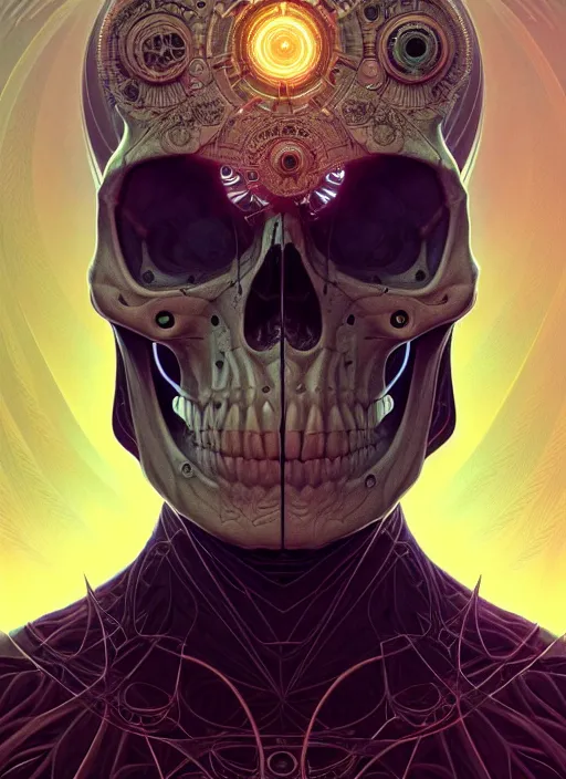 Prompt: symmetry!! portrait of skull, sci - fi, intricate, elegant, highly detailed, digital painting, artstation, concept art, smooth, sharp focus, illustration, art by artgerm and greg rutkowski and alphonse mucha, 8 k