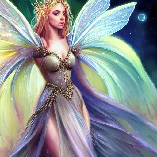 Image similar to detailed portrait of a fairy queen with wings wearing a silk robe, pixie, iris, realism, emerald, galaxy, sapphire, blonde hair going down to the floor, moonlit, , dark fantasy, detailed, magical, fairy, elf, dramatic lighting, cgsociety, artstation