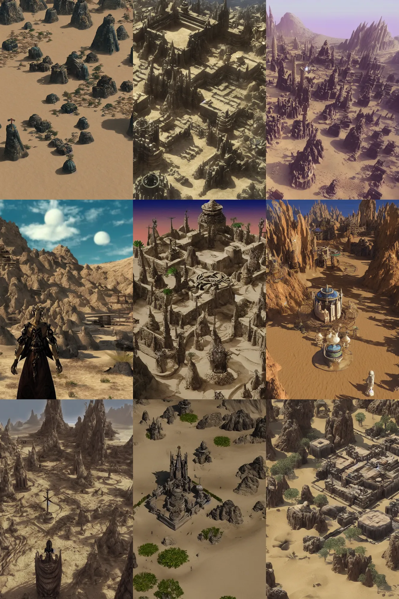Prompt: an isolated sacred spiritual fantasy alien village in a vast sand desert, final fantasy, square enix, squaresoft, jrpg, unreal engine