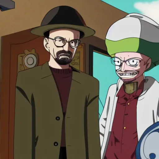 Image similar to walter white smoking a joint with jesse pinkman, in One Piece Anime Series, 4k Resolution.