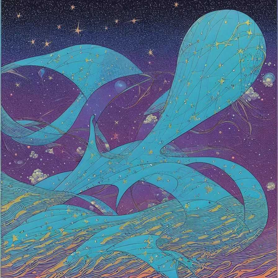 Image similar to ( ( ( ( shinning starry sky and sea, with decorative frame design ) ) ) ) by mœbius!!!!!!!!!!!!!!!!!!!!!!!!!!!, overdetailed art, colorful, artistic record jacket design