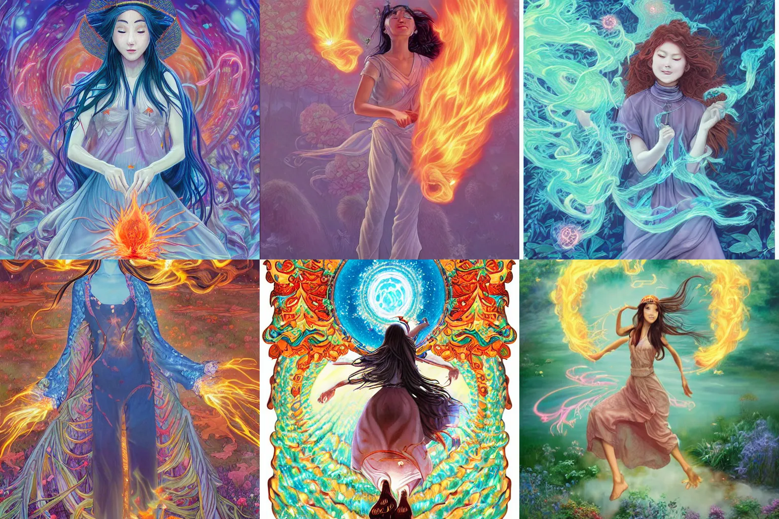 Prompt: smiling hapa sorceress wearing trousers chasing will-o-wisps casting a fireball in a garden, orthodox saint, by James Jean, Miho Hirano, breathtaking digital 2d cover art