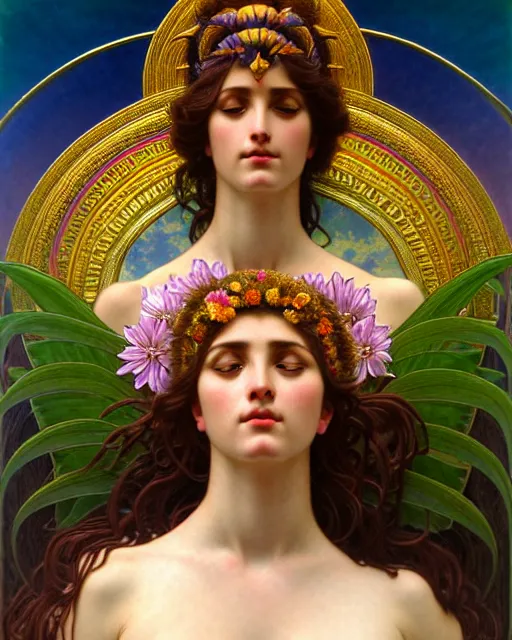 Prompt: goddess of nature, unusual beauty, emotionally evoking symbolic metaphors, head in focus, fantasy, ornamental, intricate, elegant, sensual, highly detailed digital painting, artstation, concept art, painterly, golden ratio, sharp focus, illustration, art by John William Godward and Rafael and Alphonse Mucha and Zdzisław Beksiński,