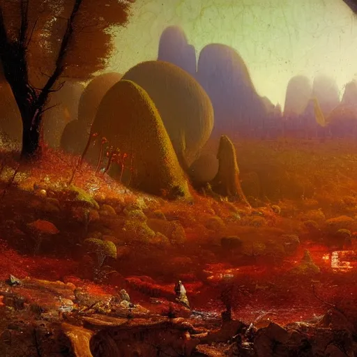 Image similar to A lovely picture of an alien landscape with mycelium aliens by John Berkey, by George Inness, by john Harris, forest made out of mushroom, purple and red and white gradient colour theme, trending on DeviantArt, rendered in blender, 8k resolution, Mountains, no green