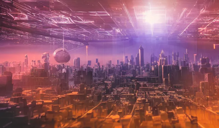 Prompt: big group of people in simple warehouse, looking at hologram of futuristic city on a table, cinematic concept art, godrays, golden hour, natural sunlight, 4 k, clear details, tabletop model buildings, center model buildings, hologram center, crane shot, crane shot, crane shot