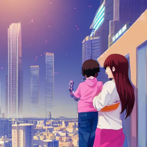 Image similar to A proud mother cutting her son's hair , Karachi skyline background, rich vivid colors, ambient lighting, dynamic lighting, 4k, HQ, official media, anime key visual, makoto shinkai, ilya kuvshinov, lois van baarle, rossdraws, detailed, trending on artstation