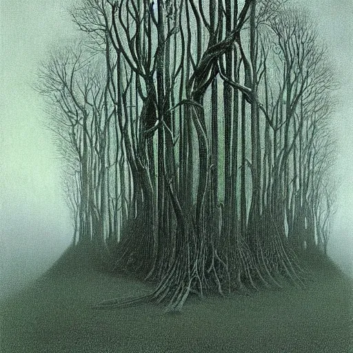 Image similar to witches coven. haunted, dark forest. zdzisław beksinski. surreal architecture, bizzare landscape, precisionism, sickly green color scheme.