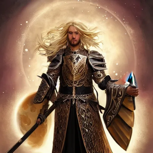 Image similar to Full body shot of beautiful male cleric with long flowing blonde hair wearing burnished bronze armour emblazoned with a swan on the breastplate. Wielding a magical scimitar embossed with the phases of the moon. Magic, bright divine lighting, flux. High fantasy, digital painting, HD, 4k, detailed by Ruan Jia