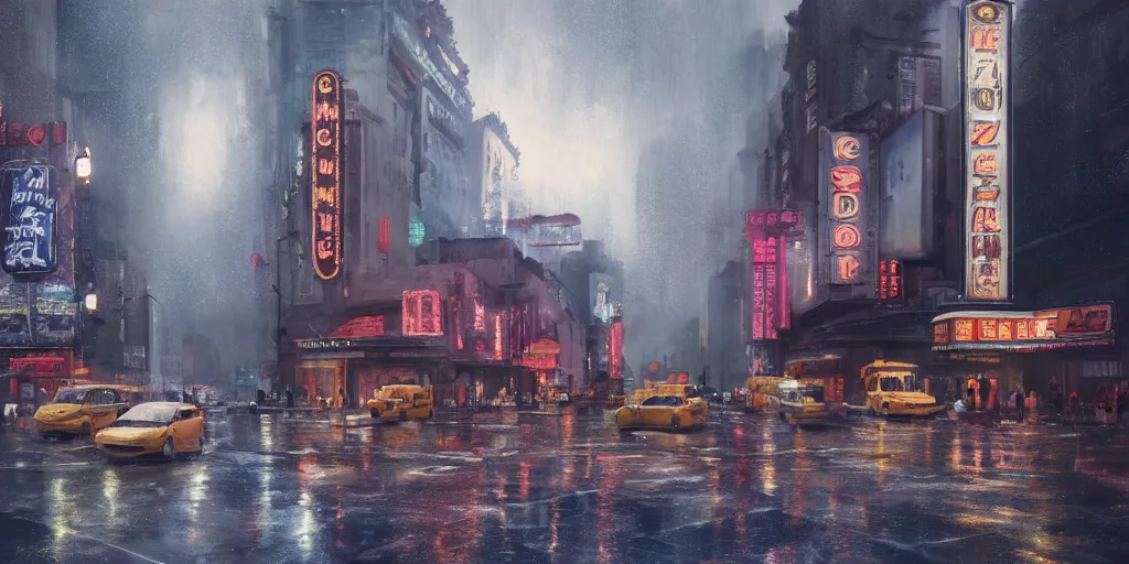 Image similar to an old cinema, new york, rainy day, matte painting, studio ghibli, artstation