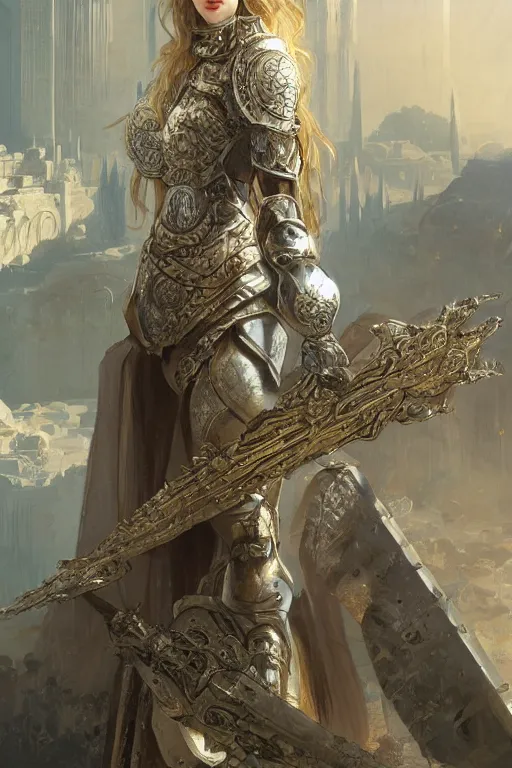 Image similar to portrait knights of Zodiac girl, silver and ice color reflected armor, in ruined Agora of Athens, ssci-fi, fantasy, intricate, very very beautiful, elegant, golden light, highly detailed, digital painting, artstation, concept art, smooth, sharp focus, illustration, art by WLOP and tian zi and alphonse mucha