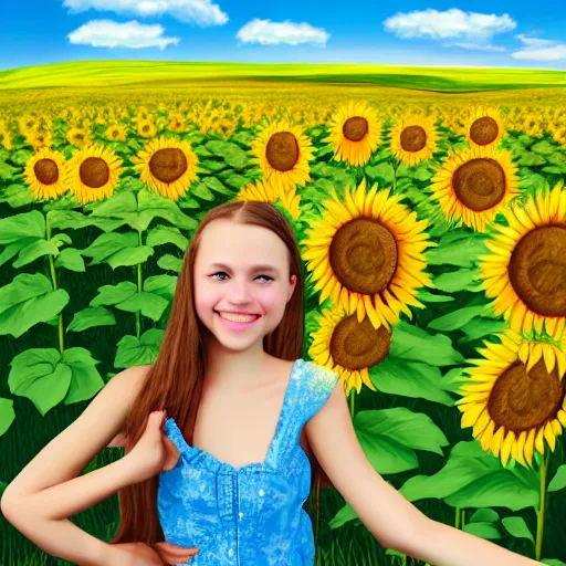 Image similar to Fantasy Map, Illustration of a Ukrainian girl Smiling | Subject Description: Beautiful pretty young, flowers in her dark hair, Scene: Sunflower field, Image Colors: Yellow sunflowers, blue cloudy sky