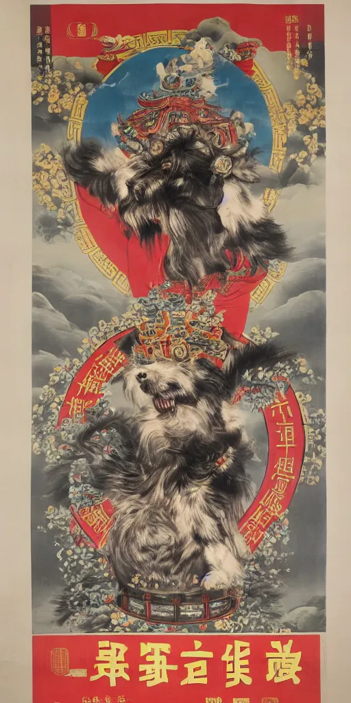 Prompt: chinese propaganda poster with dog as a god as the centerpiece, detailed face, gorgeous, amazing, flowing hair, very muscular male body, caesar victorious, proud emperor, crepuscular ray, intricate, highly detailed