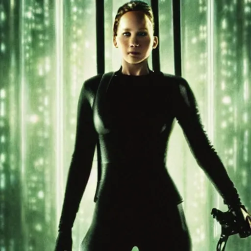 Image similar to promo picture of Jennifer Lawrence as Neo in Matrix remake HDR (2029)