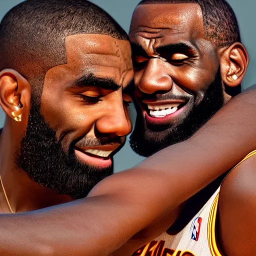 Image similar to beautiful serene intricate portrait of kyrie irving and lebron james taking a selfie, smiling softly, relaxing on the beach, golden hour, soft focus, 8 k, art by irakli nadar, hyperrealism, hyperdetailed, ultra realistic