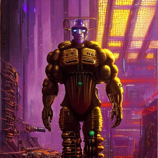 Image similar to schwarzenegger as cyberpunk xenohunter, atmospheric lighting, painted, intricate, golden and purple hour, ultra detailed by peter gric, giger, enki bilal