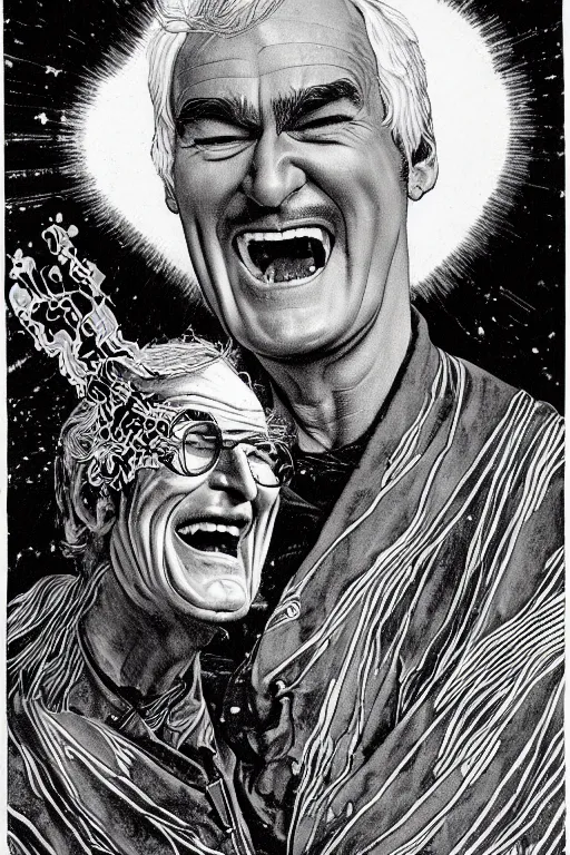 Image similar to an awesome jean giraud portrait of timothy leary laughing hysterically in the style of a renaissance masters portrait, mystical and new age symbolism