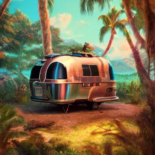 Prompt: large tiki style vintage airstream and funky treehouse, fine art, digital painting, atmospheric lighting, hyperdetailed, photorealistic, 8k, high resolution, velvia, vibrant colors, insanely detailed and intricate, ray tracing, award winning, featured in artstation, octane render